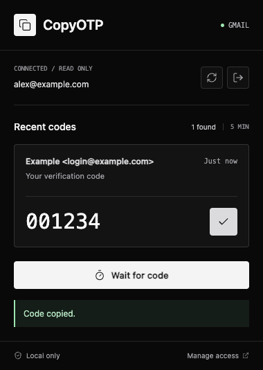 CopyOTP popup showing a fictional login code and a copy button
